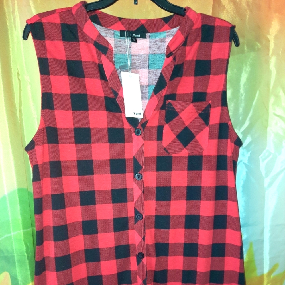 LE YAND Plaid Flannel Sleeveless Lightweight Top XL New